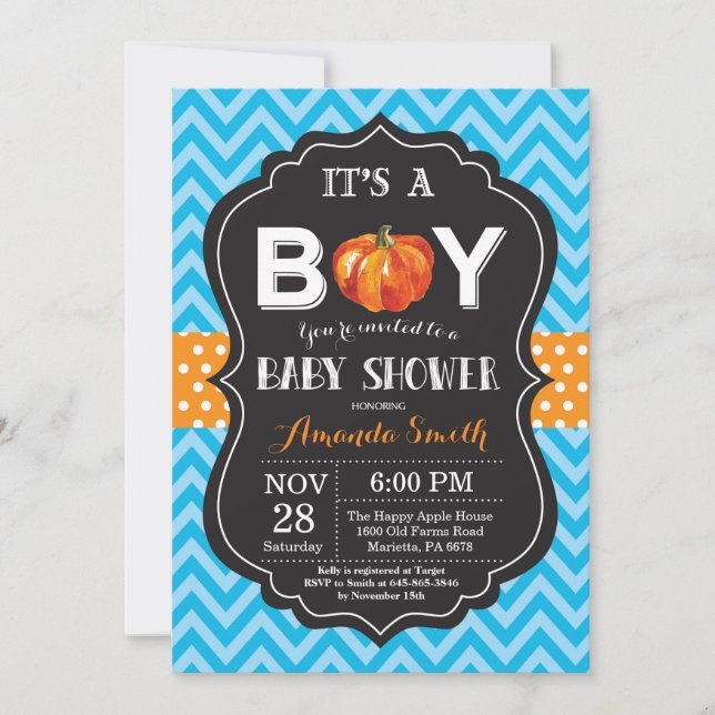 Pumpkin Fall Baby Shower-inbjudan Blue Chevron Inbjudningar (Framsida)