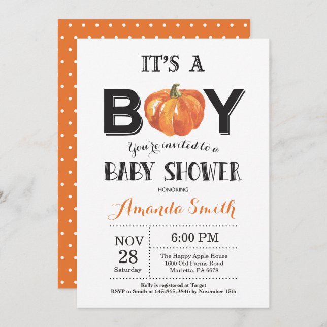 Pumpkin Fall Baby Shower-inbjudningskort Inbjudningar (Fram/baksida)
