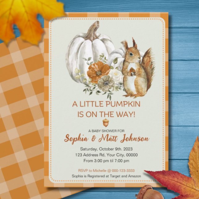 Pumpkin Fall Baby Shower med Cute Squirrel Inbjudningar (Skapare uppladdad)