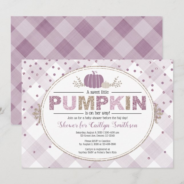 Pumpkin-fall-babydusch gingham-konfetti-lila inbjudningar (Fram/baksida)