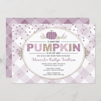 Pumpkin-fall-babydusch gingham-konfetti-lila inbjudningar