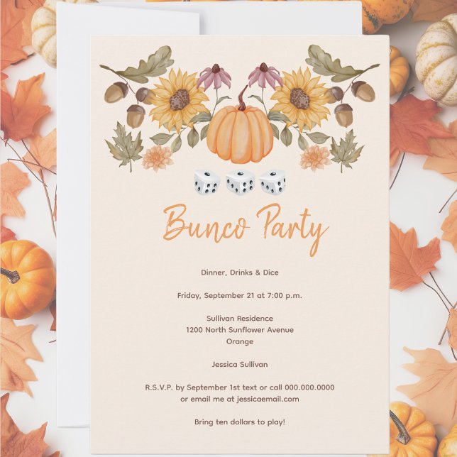 Pumpkin Fall Blommigt Autumn Dice Bunco Party Inbjudningar (Fall September, October or November Bunco party invitation. Sunflowers with pumpkins. )