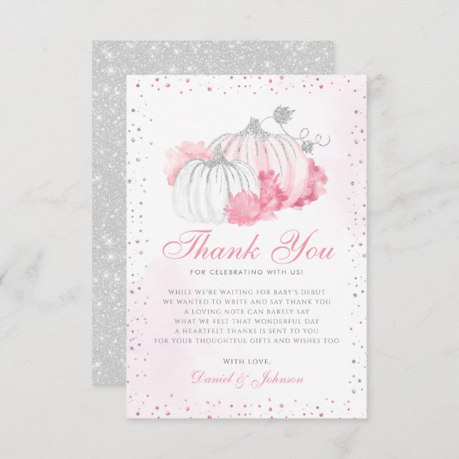 Pumpkin Fall Blommigt Baby Shower för Rosa på spal Tack Kort (Fram/baksida)