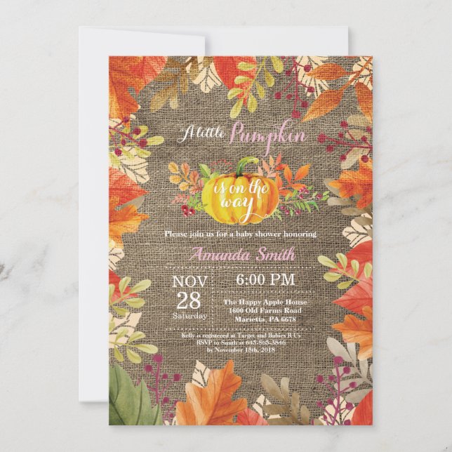 Pumpkin Fall Burlap Girl Baby Shower-inbjudan Inbjudningar (Framsida)