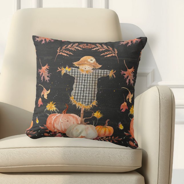Pumpkin Fall Cute Fågelskrämma Höst löv Black Kudde (Skapare uppladdad)