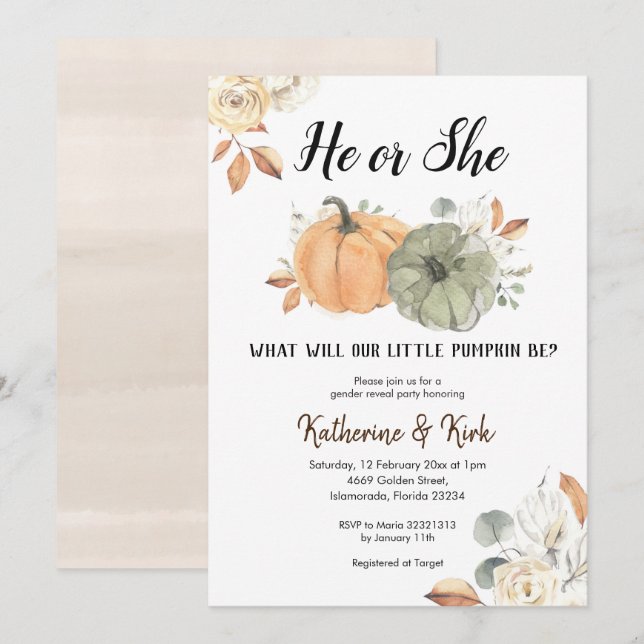 Pumpkin Fall Gender Reveal Party-inbjudan Inbjudningar (Fram/baksida)