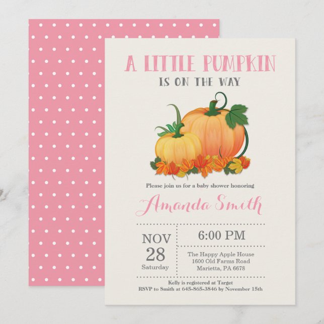 Pumpkin Fall Girl Baby Shower-inbjudningskort Inbjudningar (Fram/baksida)