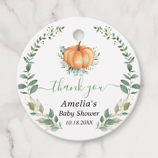 Pumpkin Fall Greenery Guld Foliage Baby Shower Gåvor Etiketter (Framsida)