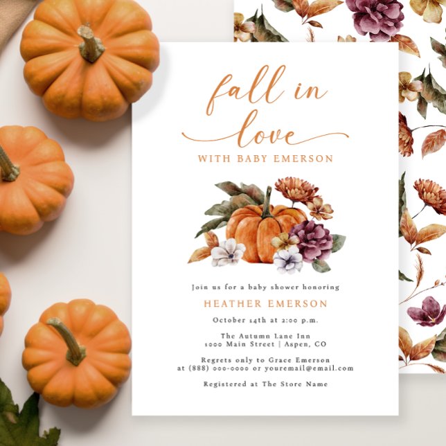 Pumpkin Fall in Kärlek Baby Shower Inbjudningar (Pumpkin Fall In Love Baby Shower Invitation Watercolor Floral Autumn Fall)