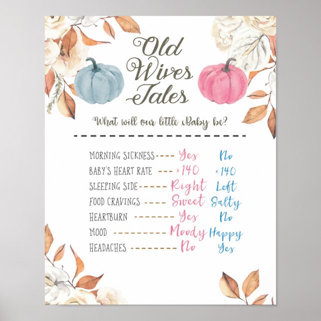 Pumpkin Fall Old Wives Tales Gender Reveal Board Poster (Framsidan)