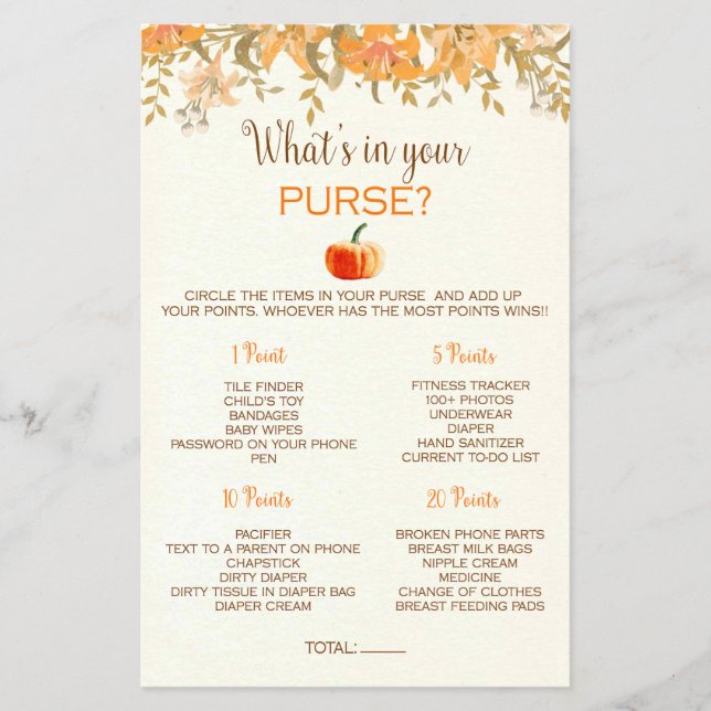 Pumpkin Fall What's in your Purse Baby Shower Game Flygblad (Framsidan)