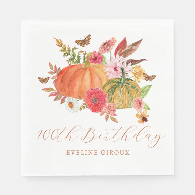 Pumpkin Fall Wildbloms Blommigt 100:e födelsedagen Pappersservett (Framsidan)