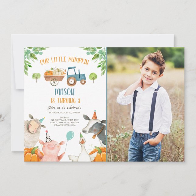 Pumpkin Farm Barnyard Fall Boy Party Birthday Inbjudningar (Framsida)