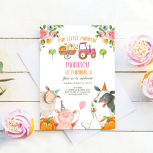 Pumpkin Farm Barnyard Rosa Girl Girl Party Birthda Inbjudningar