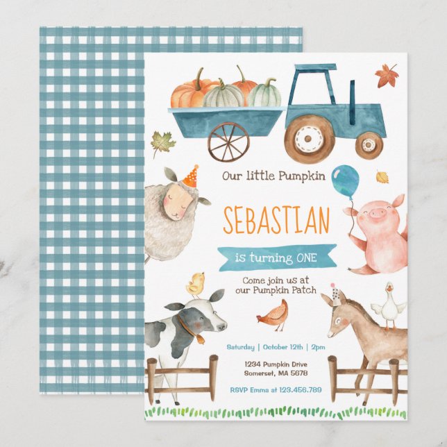 Pumpkin Farm Birthday Investigation Fall Farm Part Inbjudningar (Fram/baksida)