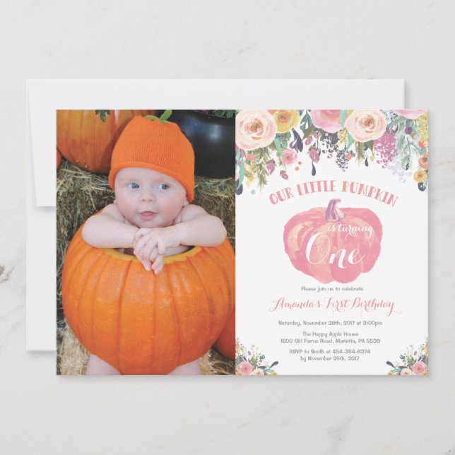 Pumpkin First Birthday Bjud Blommigt Rosa Inbjudningar (Framsida)