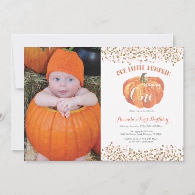 Pumpkin First Birthday Bjud Rosa och Guld Inbjudningar (Framsida)