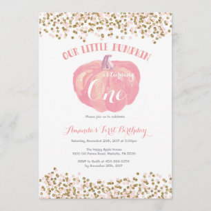 Pumpkin First Birthday Bjud Rosa och Guld Inbjudningar