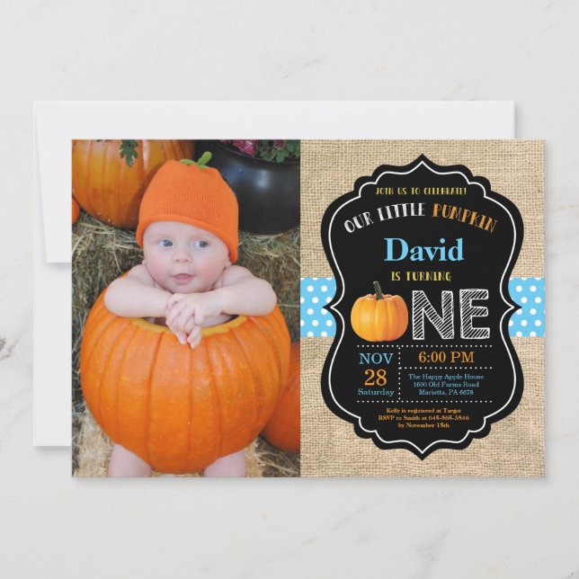 Pumpkin First Birthday bjudande Burlap Inbjudningar (Framsida)
