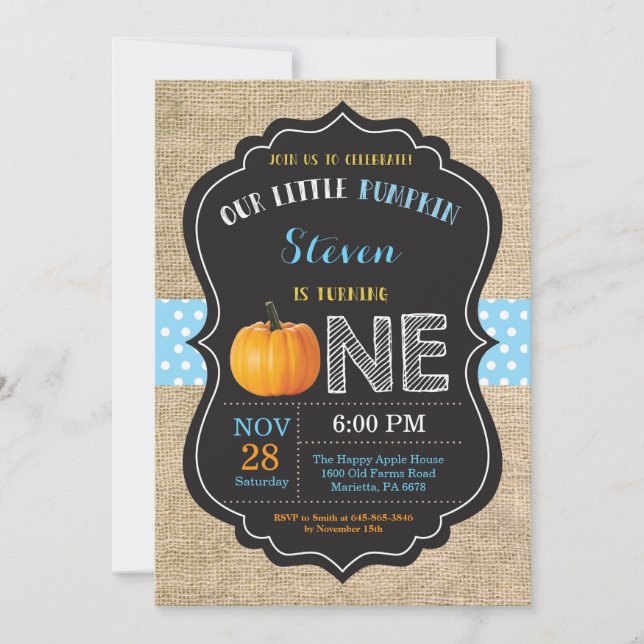 Pumpkin First Birthday bjudande Burlap Inbjudningar (Framsida)