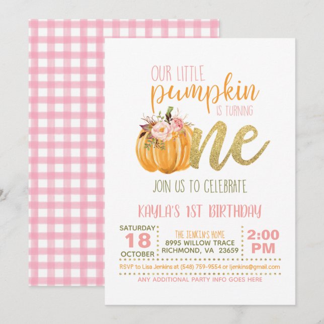 Pumpkin First Birthday bjudande - Girl #3 Inbjudningar (Fram/baksida)
