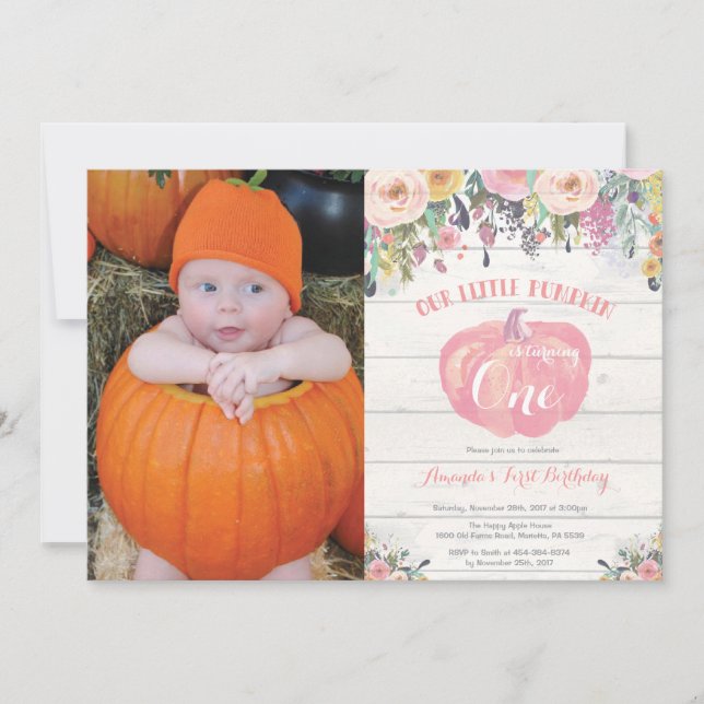 Pumpkin First Birthday Call Blommigt Rustic Inbjudningar (Framsida)