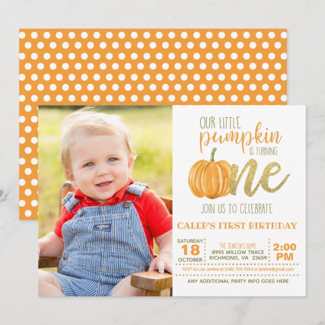 Pumpkin First Birthday Call for Boy w/Photo Inbjudningar (Fram/baksida)