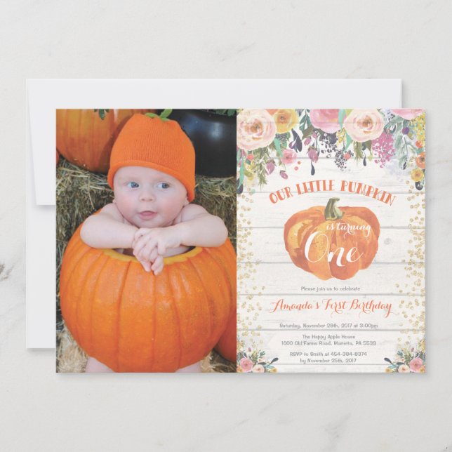 Pumpkin First Birthday-inbjudan Blommigt Guld Inbjudningar (Framsida)