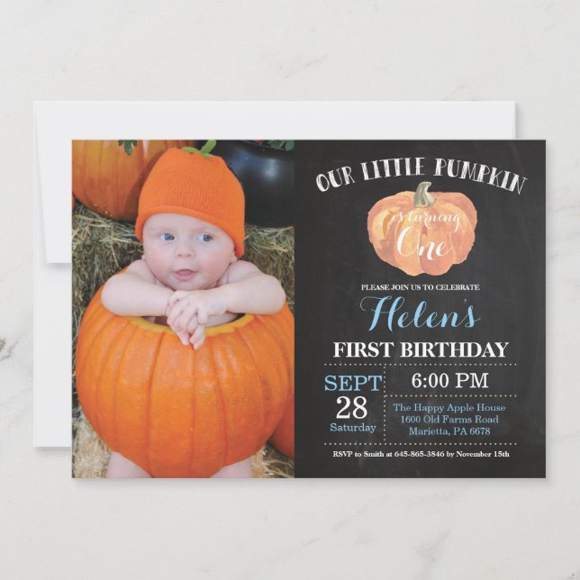 Pumpkin First Birthday Inbjudan Blue Chalkboard (Framsida)