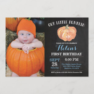 Pumpkin First Birthday Inbjudan Blue Chalkboard