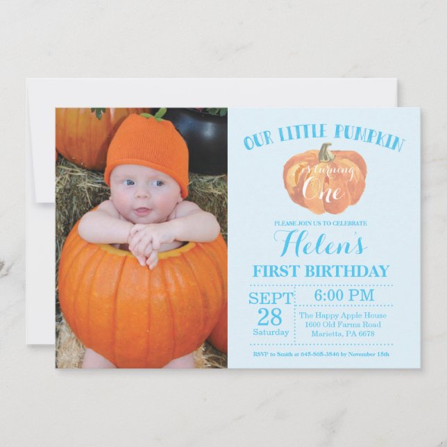 Pumpkin First Birthday-inbjudan Blue Inbjudningar (Framsida)