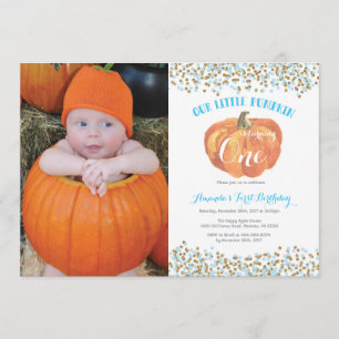 Pumpkin First Birthday-inbjudan Blue och Guld Inbjudningar