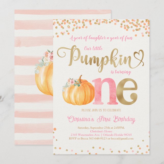Pumpkin First Birthday Inbjudningar (Fram/baksida)