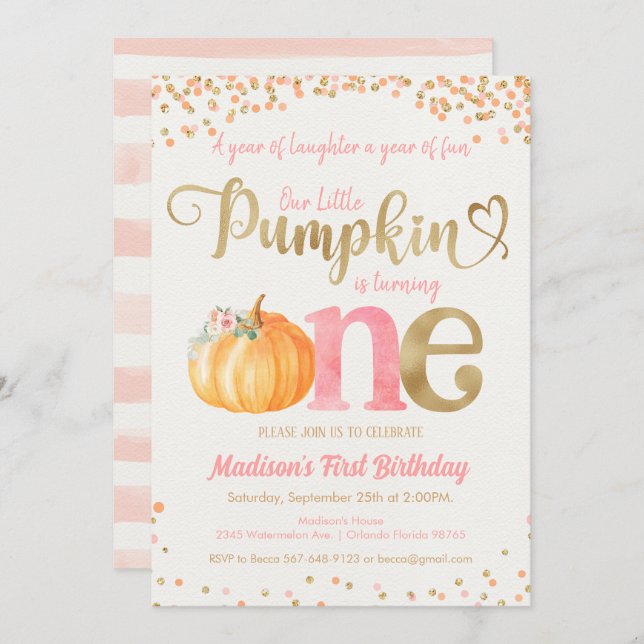Pumpkin First Birthday Inbjudningar (Fram/baksida)