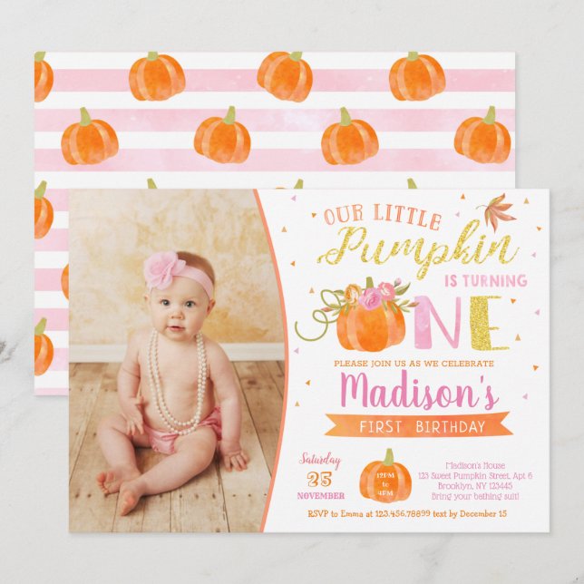 Pumpkin First Birthday-inbjudningar höstfall Inbjudningar (Fram/baksida)