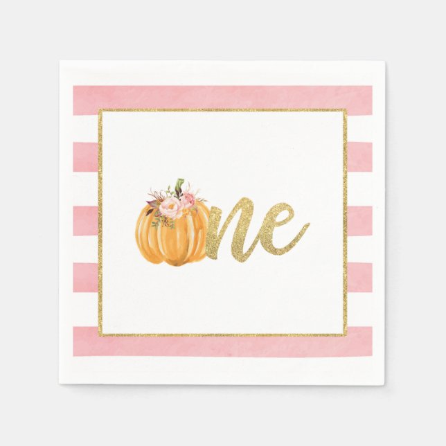 Pumpkin First Birthday Napkin - Girl Rosa Rand Pappersservett (Framsidan)