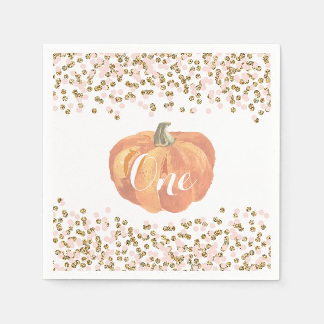Pumpkin First Birthday Orange Rosa Guld Glitter Pappersservett (Framsidan)