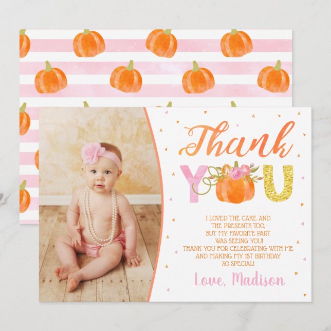 Pumpkin First Birthday Tack Cards Inbjudningar (Fram/baksida)