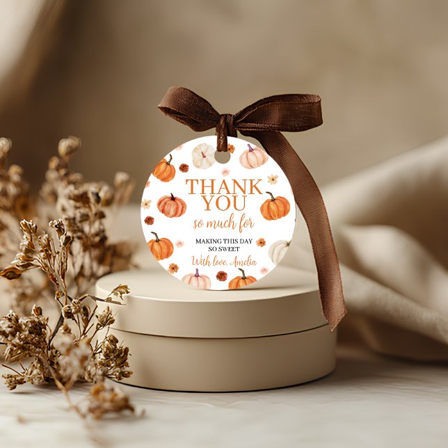 Pumpkin First Birthday Tack Märkre Gåvor Etiketter (Skapare uppladdad)