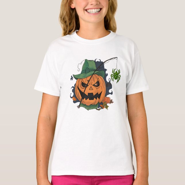 Pumpkin Fisherman Fishing Funny Halloween T Shirt (Framsida)