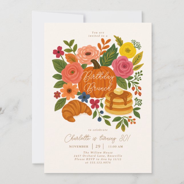Pumpkin Floral Birthday Brunch Invitation Fall Inbjudningar (Framsida)