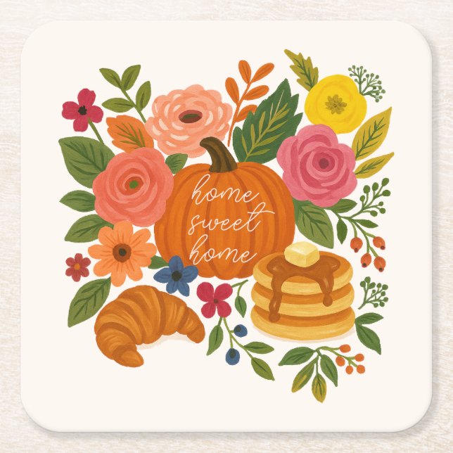 Pumpkin Floral Home Sweet Home Coaster Fall Underlägg Papper Kvadrat (Framsidan)