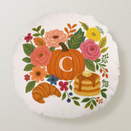 Pumpkin Floral Monogram Round Pillow Fall Rund Kudde