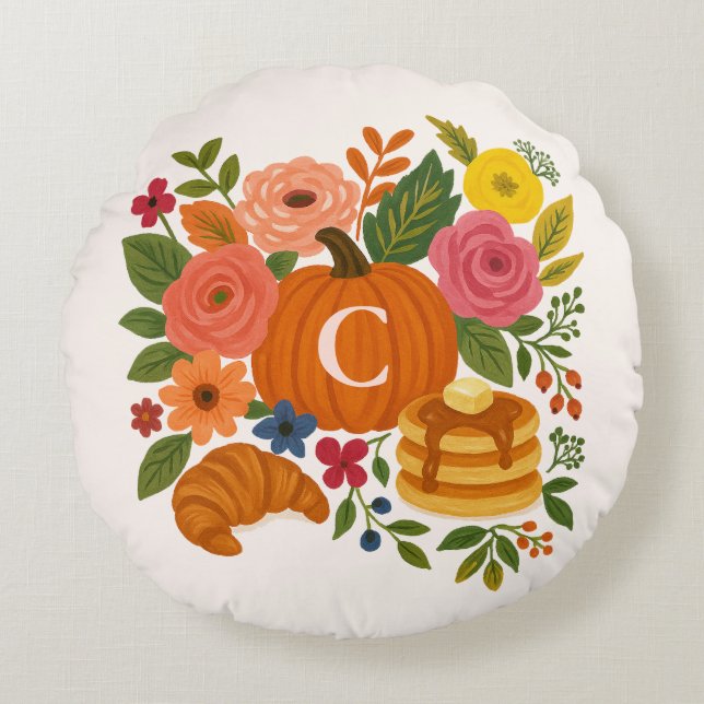 Pumpkin Floral Monogram Round Pillow Fall Rund Kudde (Framsidan)