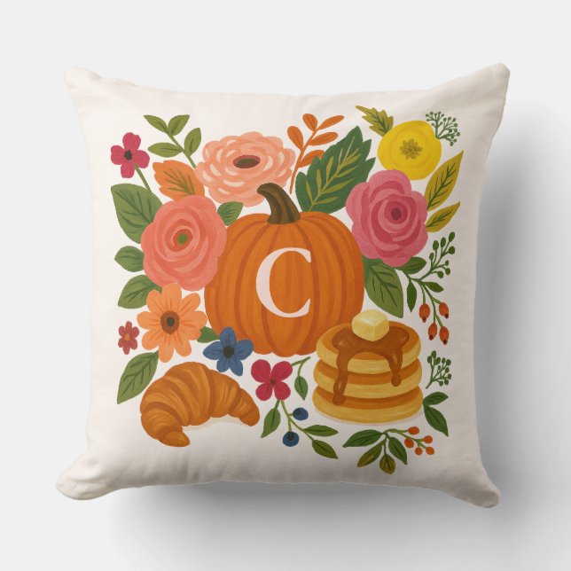 Pumpkin Floral Monogram Throw Pillow Kudde (Framsida)