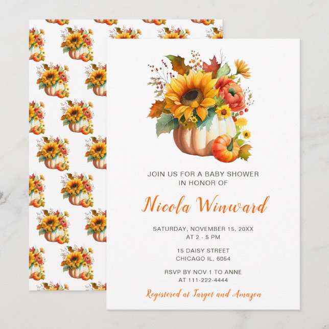 Pumpkin Flower Bouquet Baby Shower Inbjudningar (Fram/baksida)
