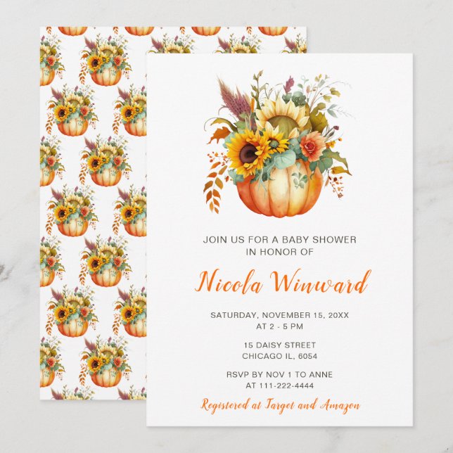Pumpkin Flower Bouquet Baby Shower Inbjudningar (Fram/baksida)
