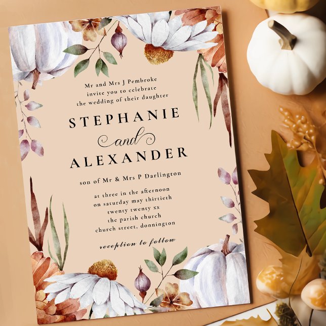 Pumpkin & Flower White & Beige Autumn Bröllop Inbjudningar (Skapare uppladdad)