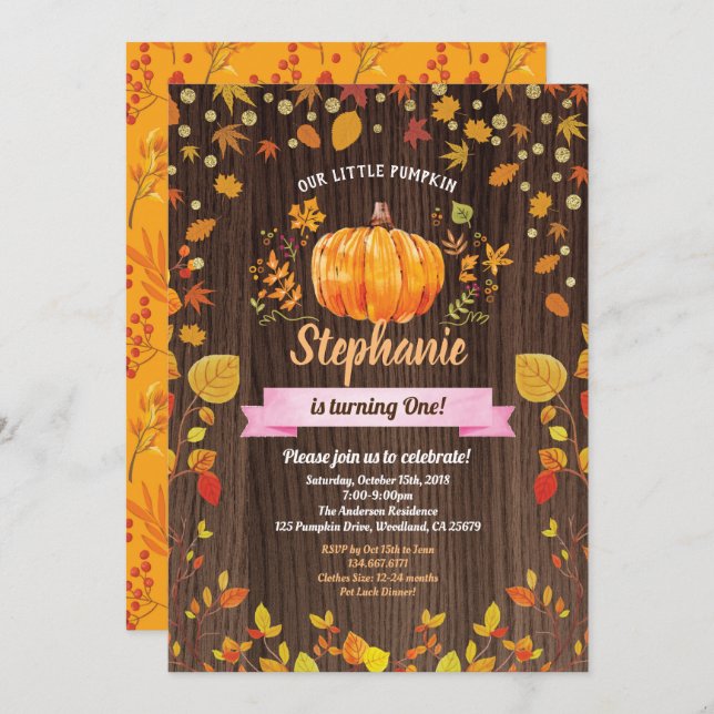 Pumpkin födelsedagsinbjudan. Rustig 1:a födelsedag Inbjudningar (Fram/baksida)