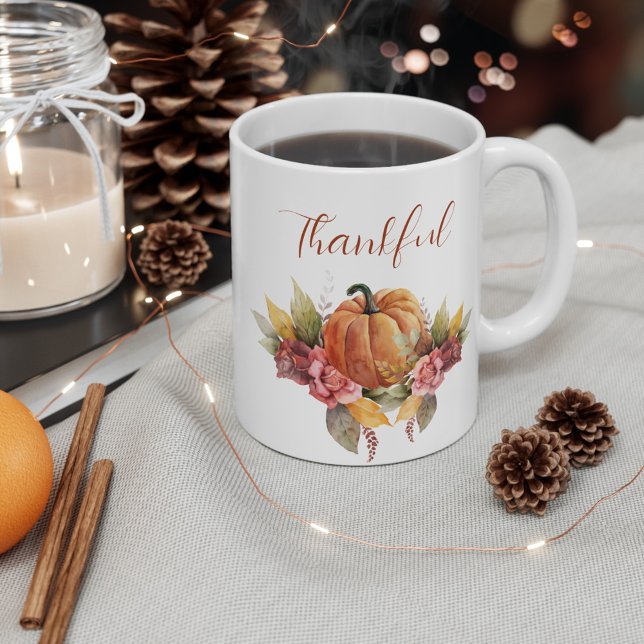Pumpkin för anpassningsbar-Thanksgiving-Orange för Kaffemugg (Thanksgiving Thankful Fall Leaves and Pumpkin Custom 11oz White Coffee Mug)